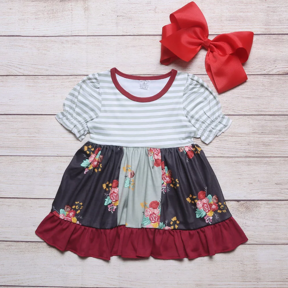 

Summer Girls Clothes Elastic Cuffs Grey Striped Short Sleeve Red Flower Print Pattern Girl Dresses
