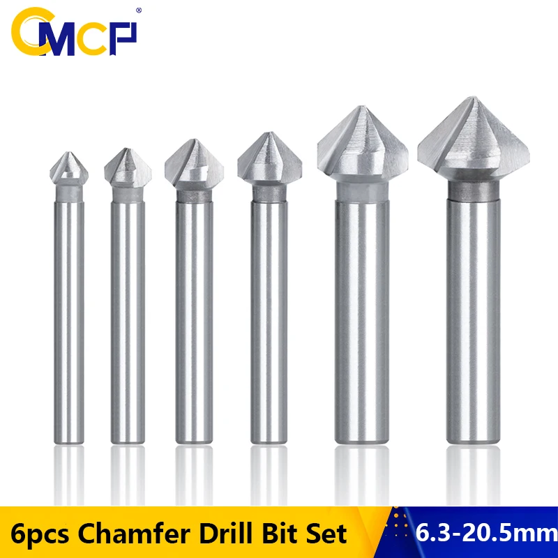 

CMCP 6pcs 3 Flute 90 Degree Chamfer Drill Bit 6.3-20.5mm Countersink Deburring Drill Bit Set HSS Chamfering Milling Cutter Tools