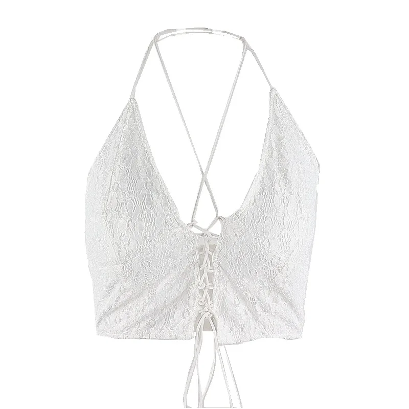 

Sexy V-neck Lace Neck Tether Ultra-short Bottom Vest Female Crop White Corset Top Women