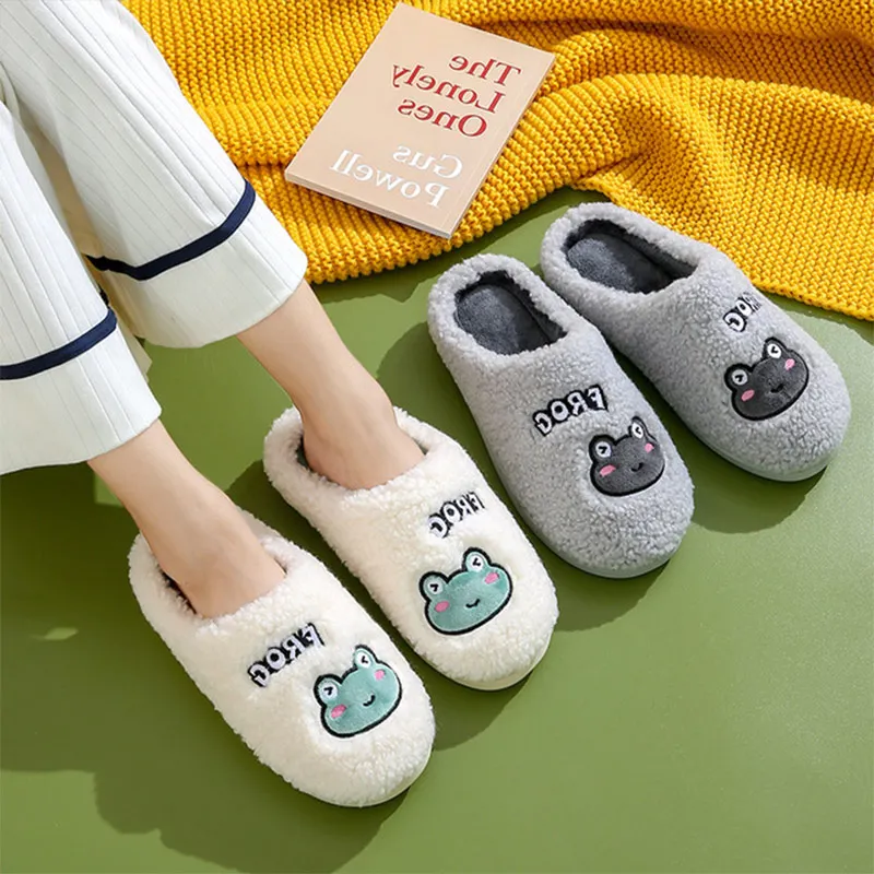

Women Slippers Winter Shoes Home Warm Fur Indoor Cute Frog Slippers Ladies Cartoon House Footwear Female Shoes Women's Flat