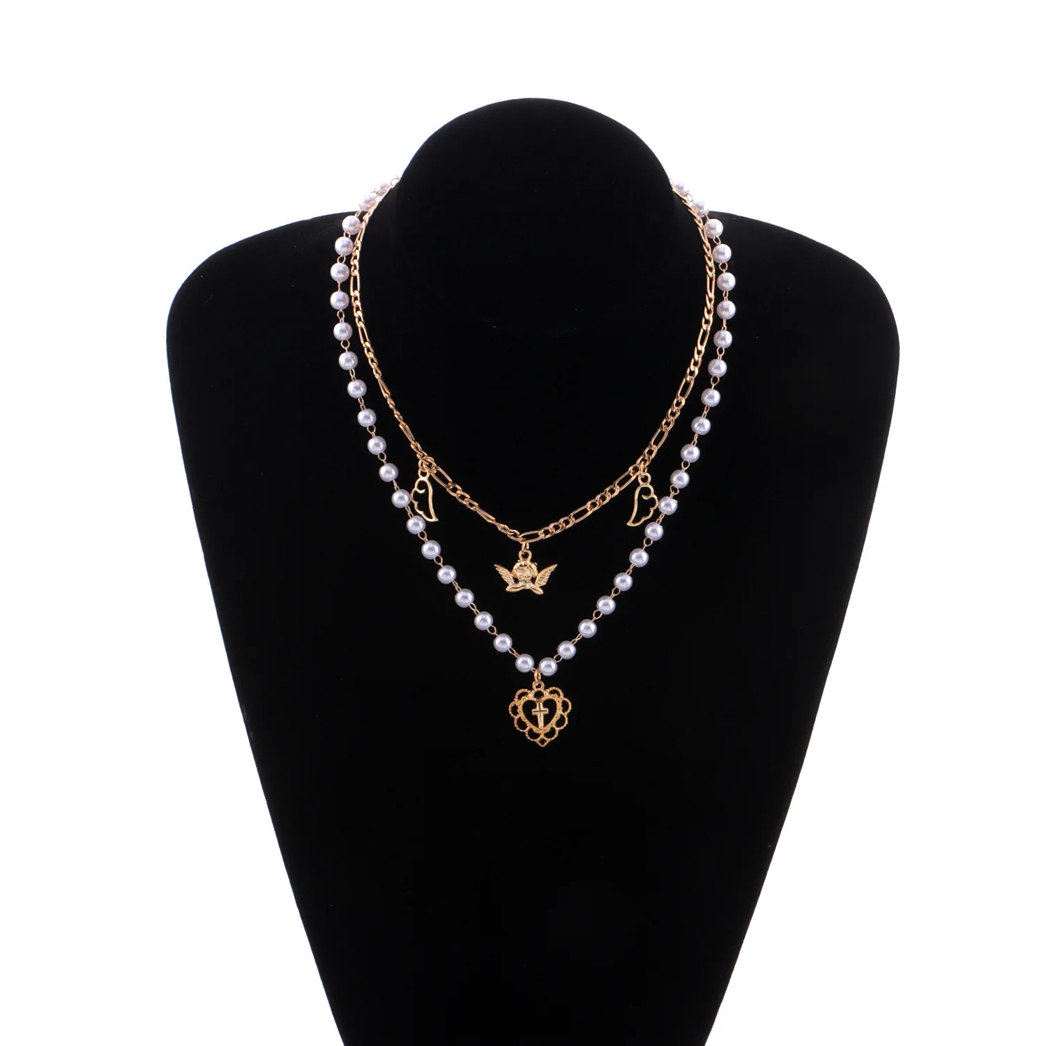 

Fashion Love Heart Cross Angel Wing Pendant Choker Cuban Link Chain Gold Color Simple Pearl Necklace Jewelry Gift