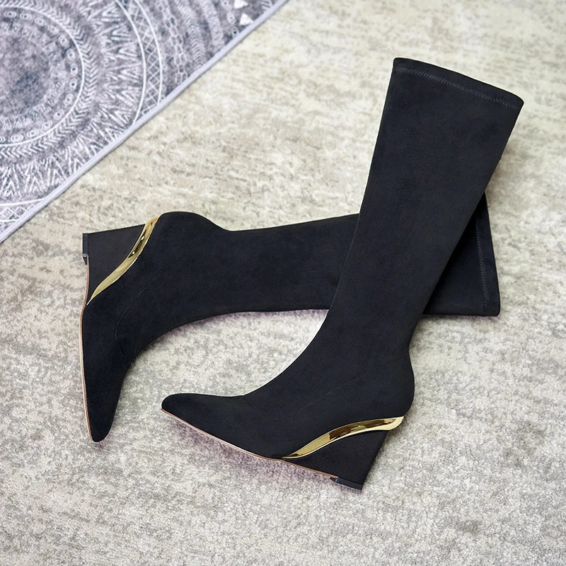 

EGONERY Women winter New Style long boots Solid color Pointed Toe Mature Good Qualtiy Leisure Shoes Concise Comfortable