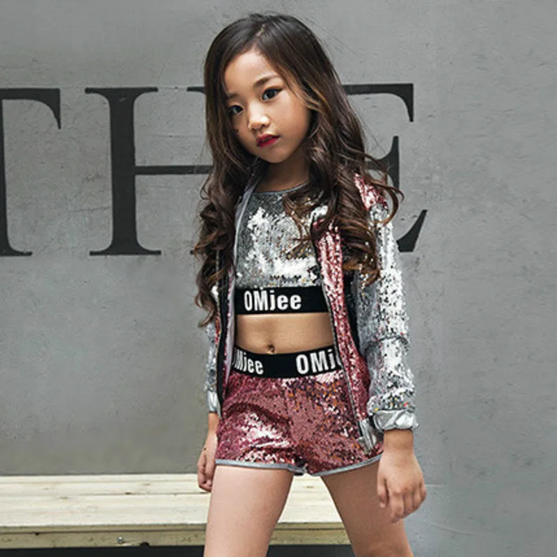 Детская одежда в стиле хип-хоп с блестками куртка для девочек кроп-топы рубашка