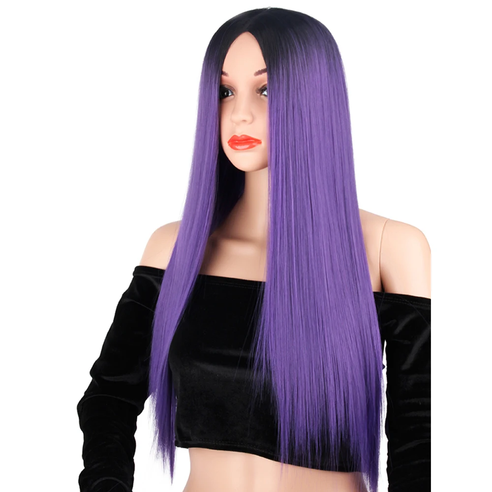 Длинные прямые парики из синтетических волос цвет синий фиолетовый термостойкий