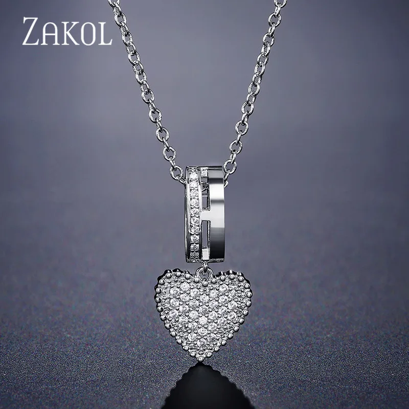 ZAKOL женское ожерелье с кубическим цирконием подвеской в виде сердца для свадьбы
