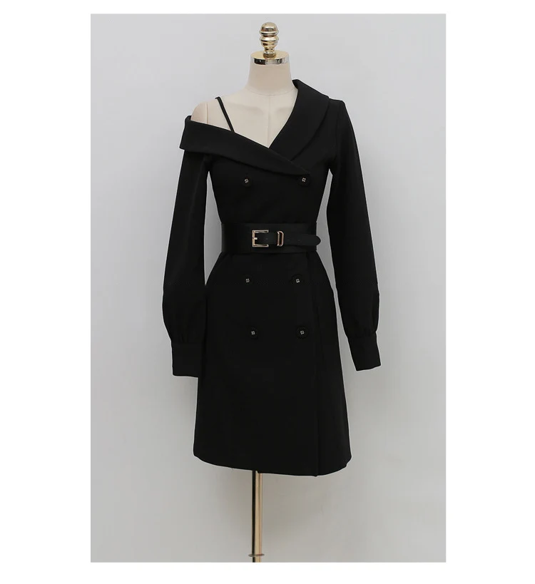 

2020 Autumn Solid Double Breasted Belt Pencil Vestidos Women Off Shoulder OL Mini Casual Office Dress