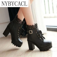 new fashion womens thick high heel ankle boots ladies leather lace up boots sweet lace up student shoes bottes botines