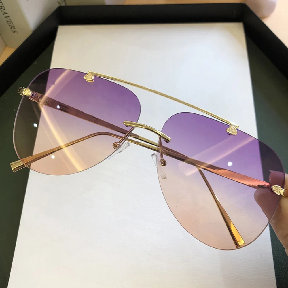 

2021 Sunglasses For Men Vintage Rimless Alloy Aviation Pilot Brand Gradient Sun Glasses Female Metal Oval Shades Black Brown