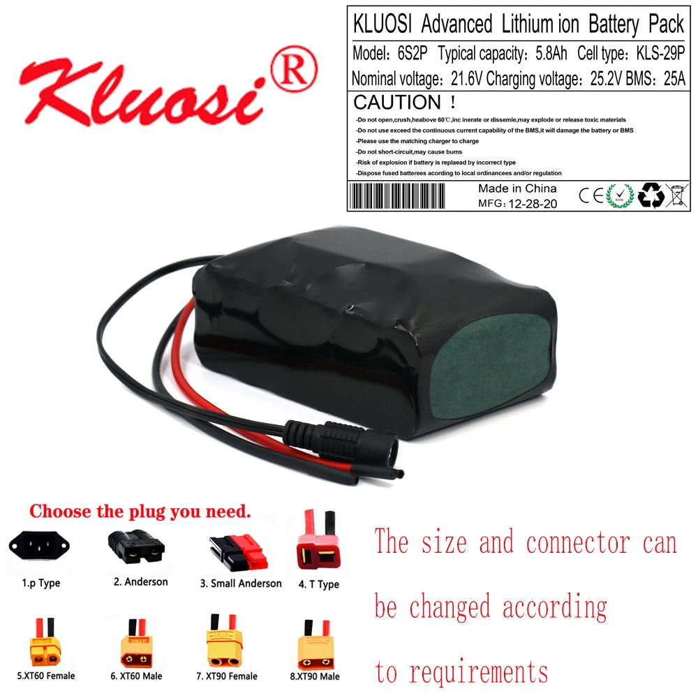 

KLUOSI 6S2P 24V 5.8Ah 21.6V 6Ah 25.2V Lithium Battery Pack for Electric Bicycle Ebike Scooter Wheelchair Cropper with 25A BMS