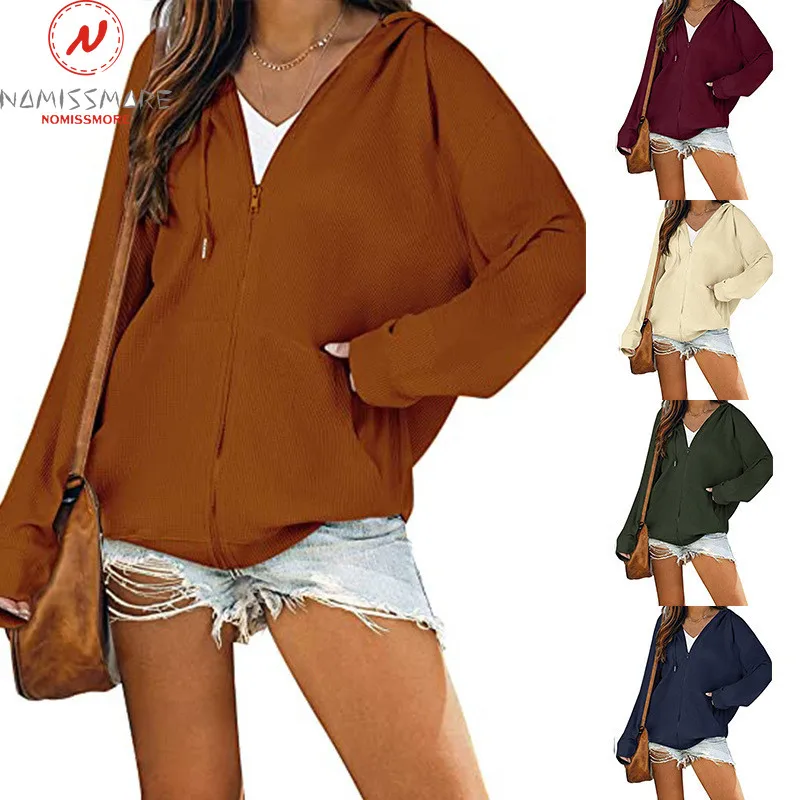 

Fashion Women Solid Color Coat for Streetwear Hooded Design Zipper Pocket Decor V-Neck Long Sleeve Casual Loose Cardigan Top