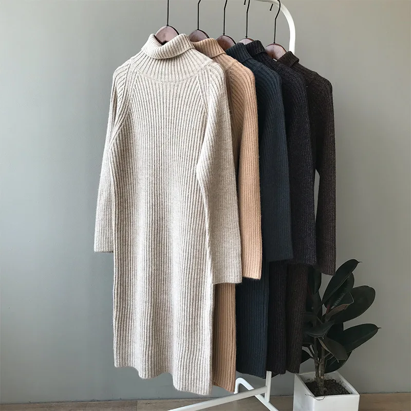 2019 зимнее платье свитер с высоким воротом женские теплые длинные пуловеры стрейч