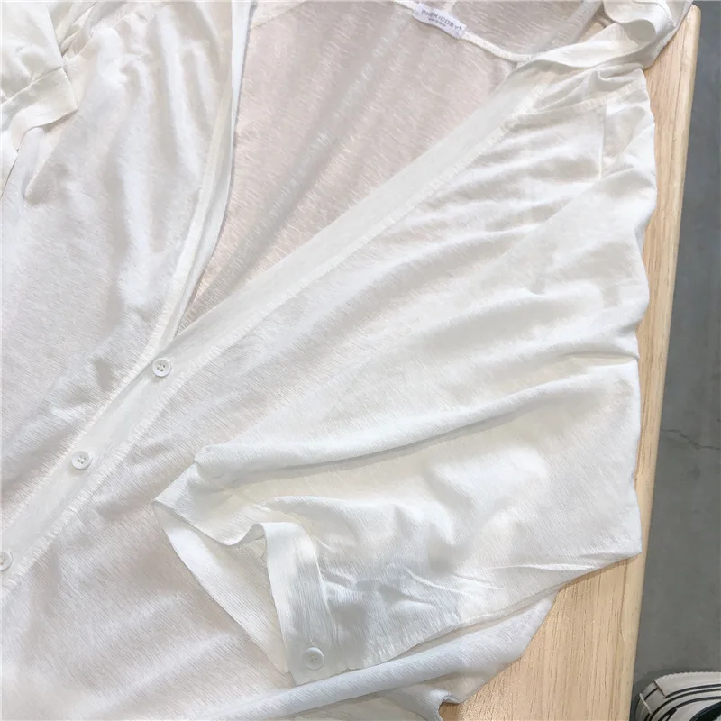 

Summer Women Thin Hooded Top Outfit Half Sleeve 2021 Good Quality Transparent Loose Button Cardigans for Yound Lady