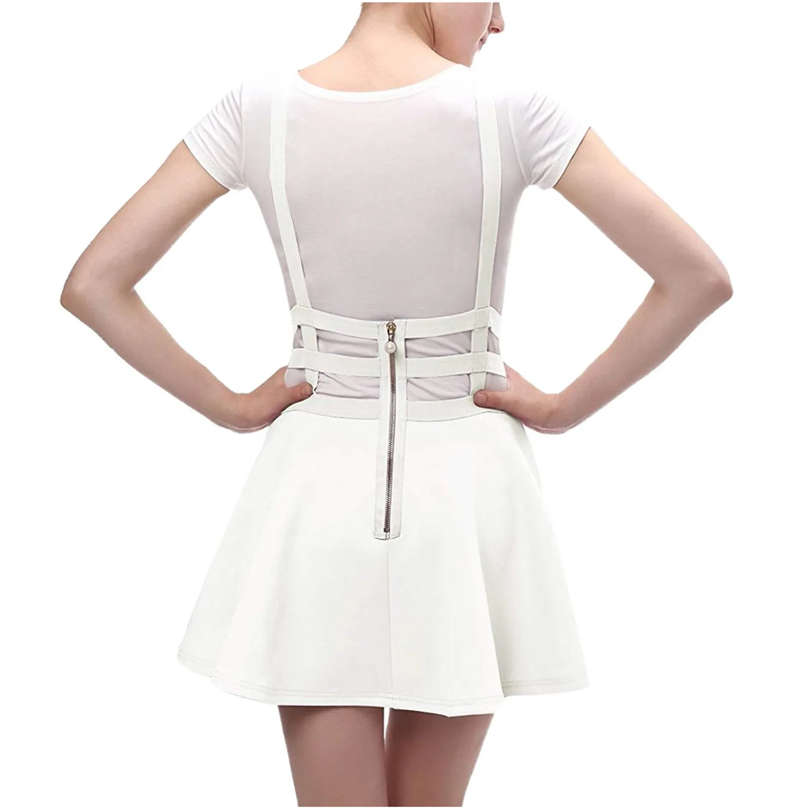 

Vintage Dresses Women's Pleated Dress Elastic Waist Skirt Fashion Zipper Hollowed-out Straps A-Line Suspender Brace Skirt
