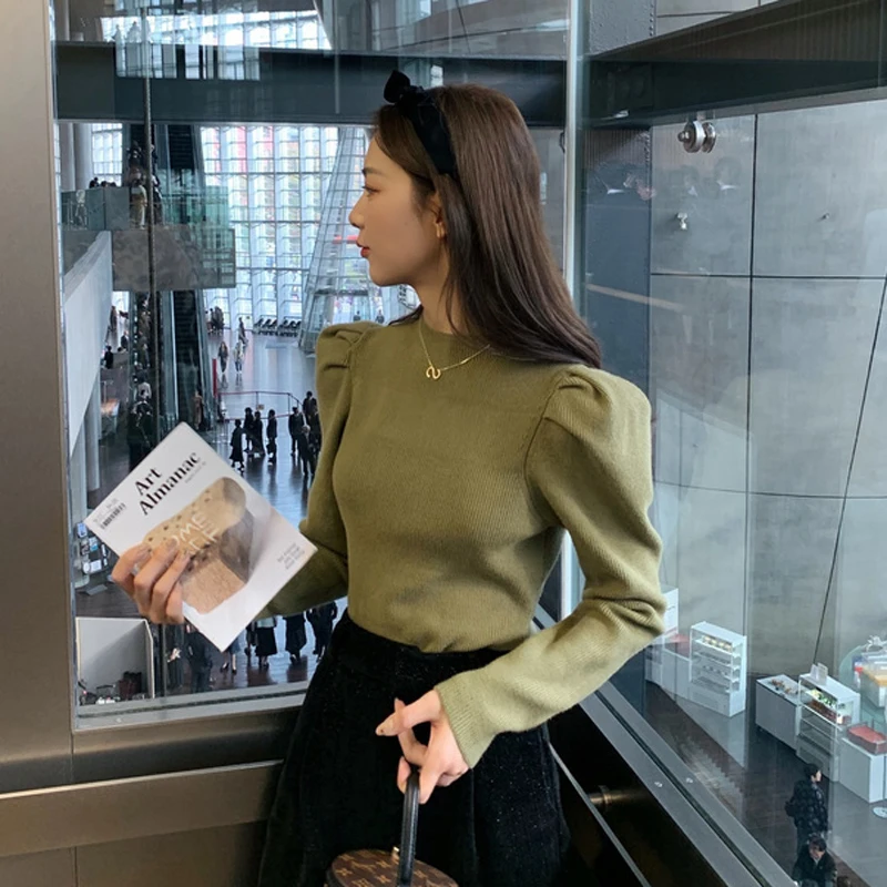 YAMDI vintage puff sleeve sweater women spring autumn 2020 new arrival female woman jumper solid o neck knit top pullove | Женская