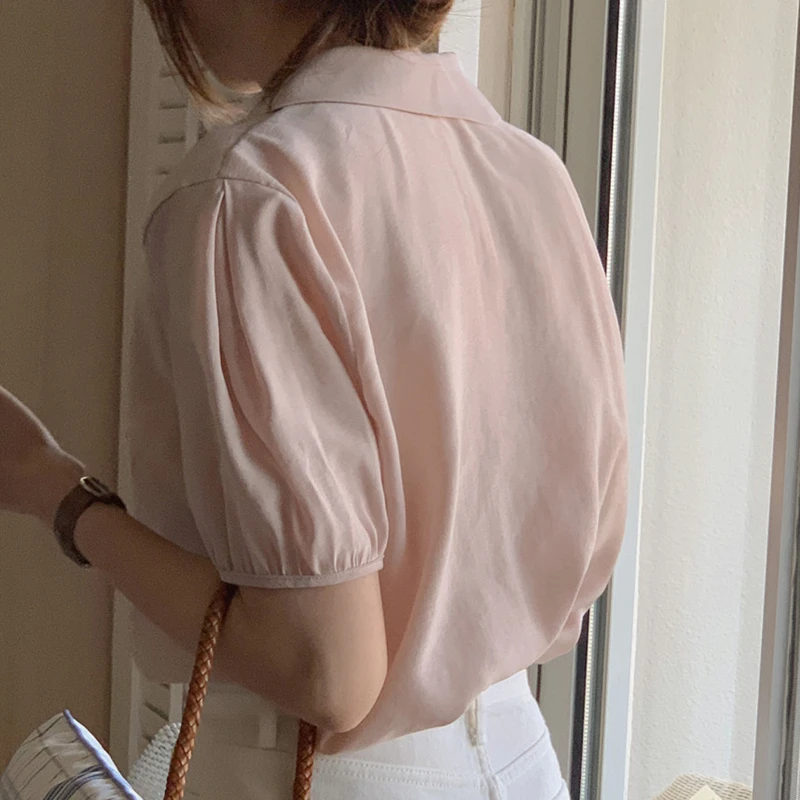 

New 2021 Women Summer Blouses Shirts Buttons Lace Up Vintage Korean Style Minimalist Fashionable Lady Wild Top