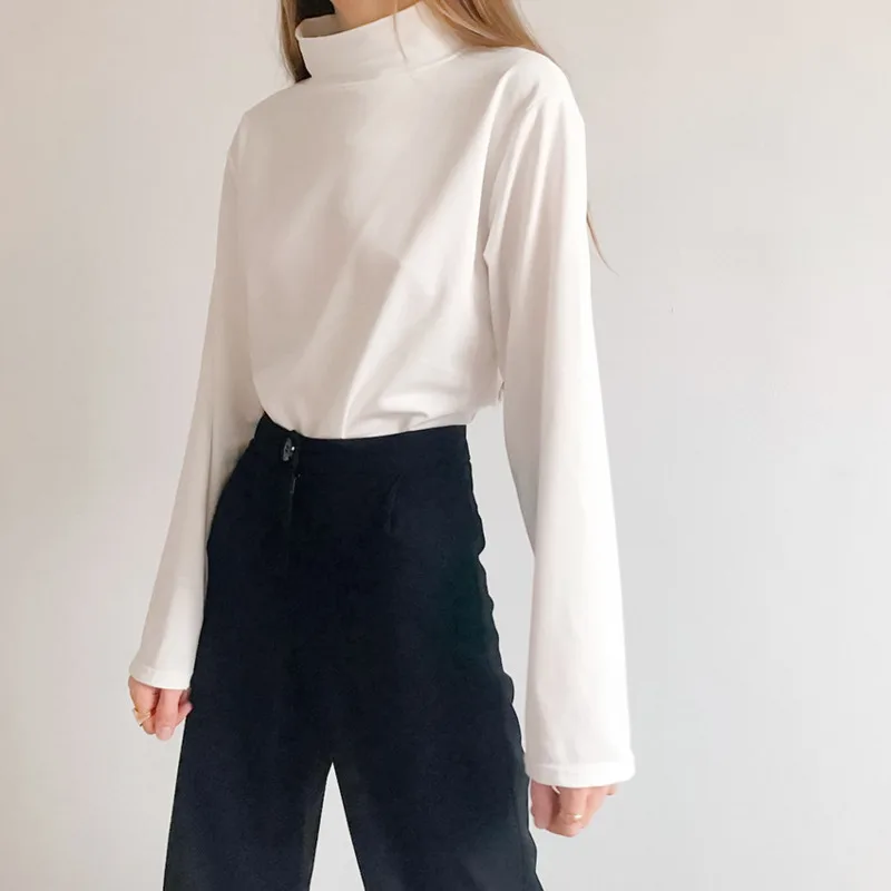 

2021 Casual White Turtleneck Women Shirt Fashion Long Sleeve Loose Female T-Shirt High Collar Hoodies All-match Solid Ladies Top