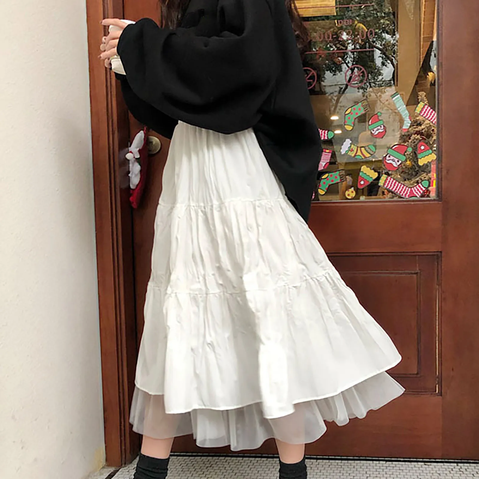 

Женская длинная фатиновая юбка средней длины, черная, белая длинная юбка с высокой эластичной талией в уличном стиле, осень 2021
