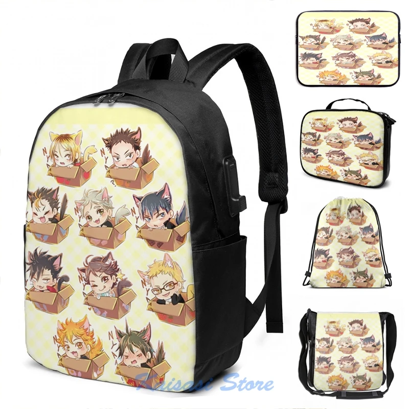 Забавный графический принт Haikyuu! Коты! Рюкзак с USB-зарядкой для мужчин и женщин