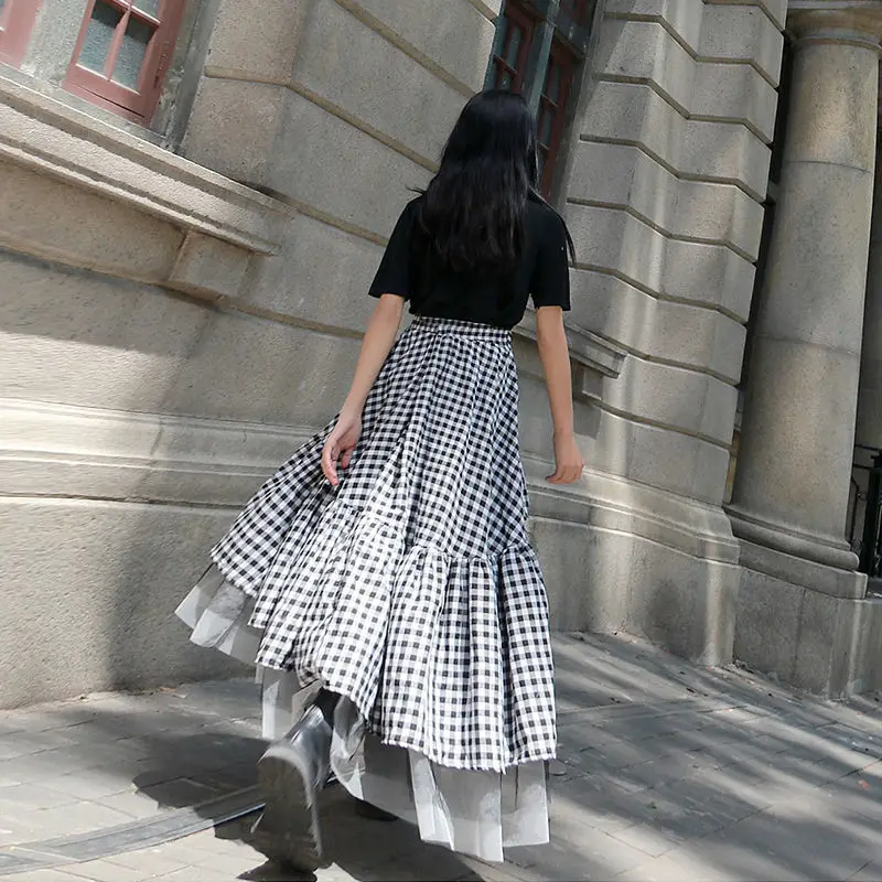

NEW Autumn NEW Fashion Women's Black and White Plaid Patchwork Crotch Skirt Irregular Mesh High Waist Ball Gown Skirts