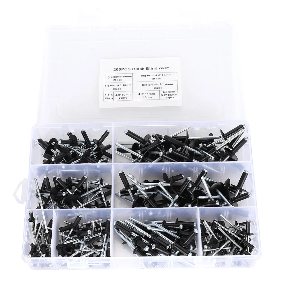 

200pcs Black Blind Rivet Kit Aluminum Blind Rivet Fasteners Assortment 3.2/4.0/4.8mm