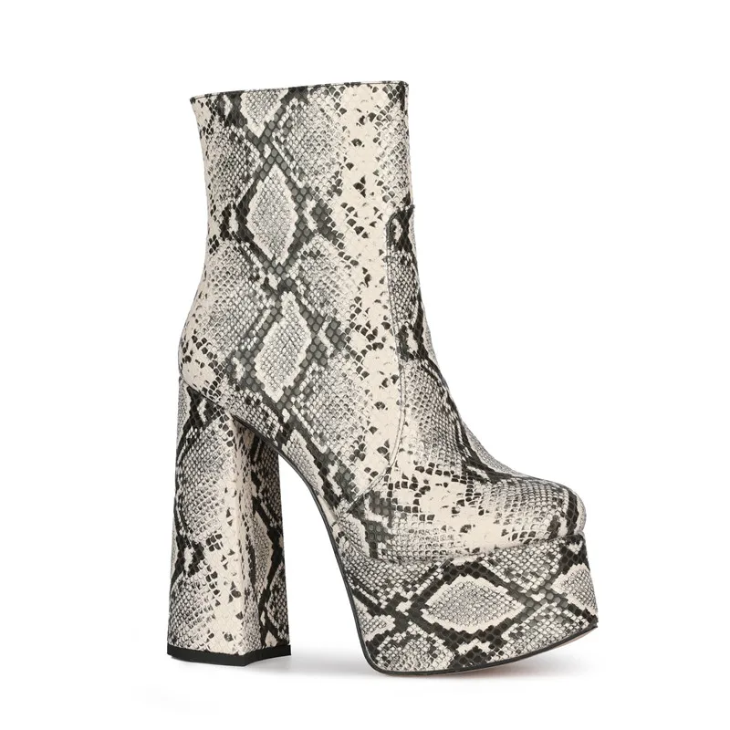 

stylesowner trend Round toe High heel Woman boots New Popular Snake skin Ankle boots Platform Genuine Leather slip-on Thick heel