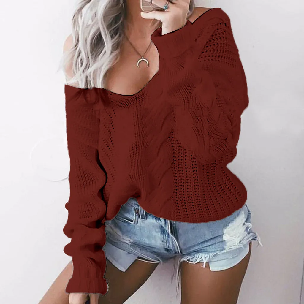 Women Sweaters Lady V-neck Casual Solid Loose Long Sleeve Tops Slim Fit Knitted Pullover Female Autumn Winter Sexy Sweater | Женская