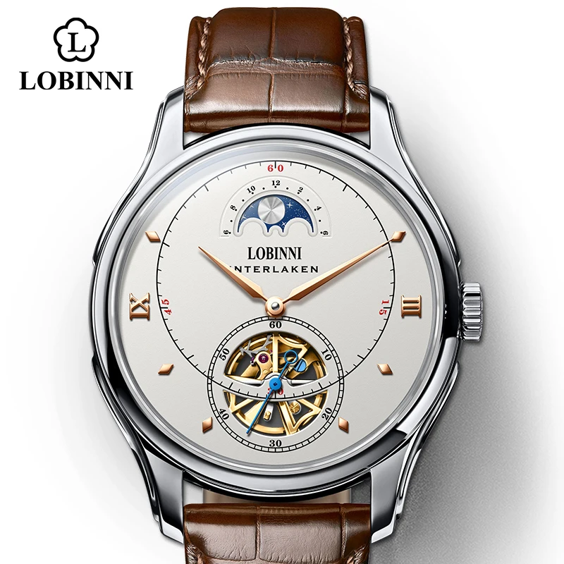 Мужские автоматические механические часы Lobinni Skeleton водонепроницаемые 50 м из