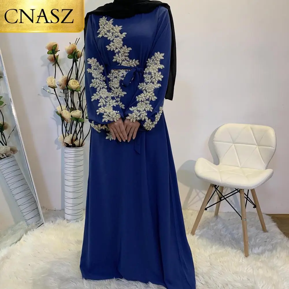 2020 последняя скромная Мода Laxury вышитые кружева Жемчуг мусульманская одежда