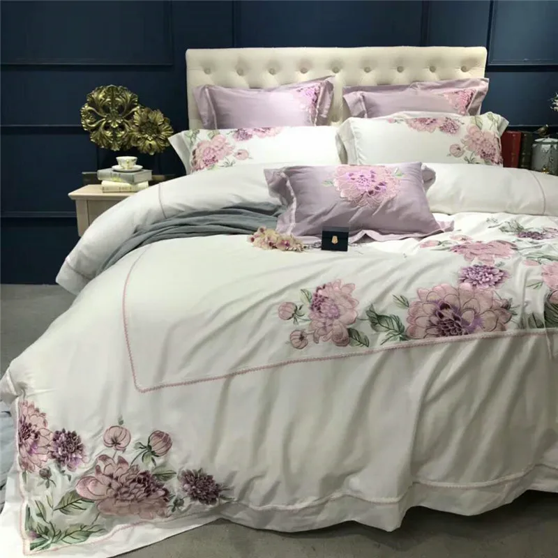 

Purple floral embroidery decoration Bed set 2021 cotton white luxury Bedding Set queen king size bed sheet duvet cover sets
