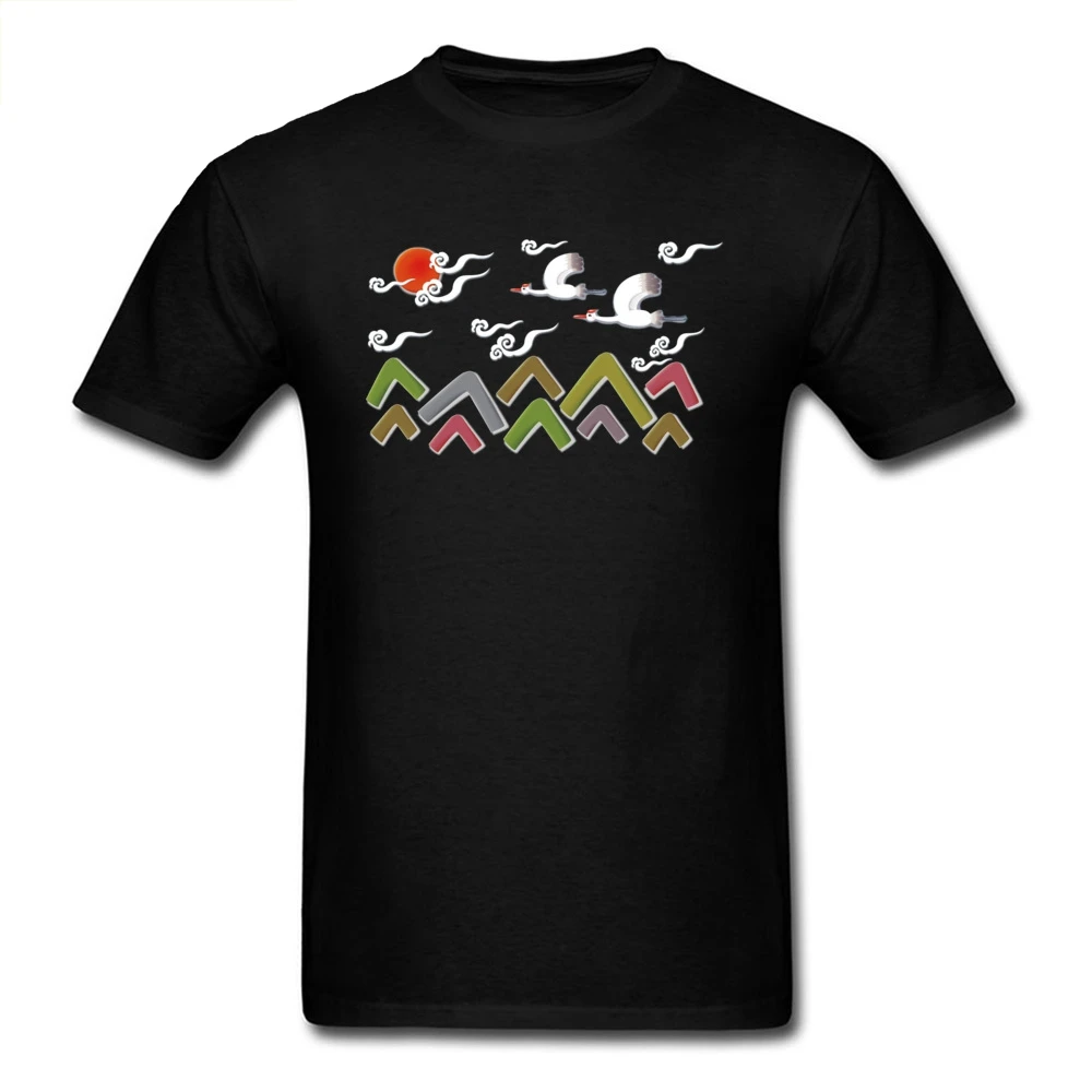 

Black T-shirt Men Japan Style T Shirts Harajuku Color Mountain Tshirt Crane Abstract Scene Printed Clothes Casual Cotton Tops