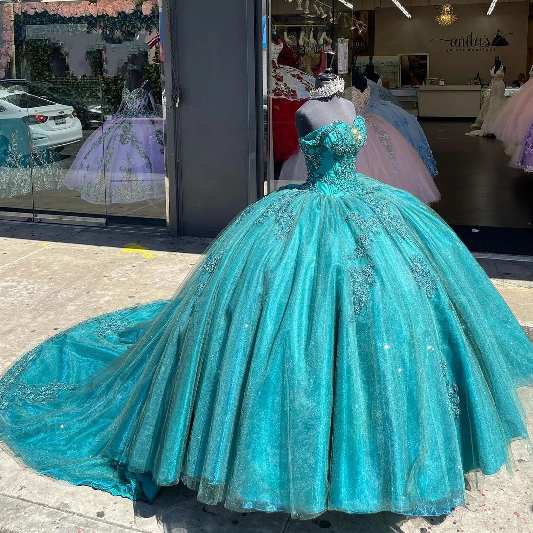 

Темно-зеленое блестящее бальное платье, платья для Quinceanera с бусинами, с открытыми плечами и блестками, милое платье с аппликацией, вечернее п...