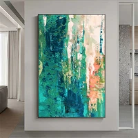 hand painted oil painting large vertical abstract gold leaf art canvas painting green gold leaf modern home decoration wall art