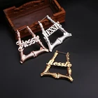 Персонализированные бамбуковые ювелирные изделия, индивидуальные серьги-кольца с именем, Подвеска для женщин, персонализированные трапециевидные серьги из нержавеющей стали с именной табличкой