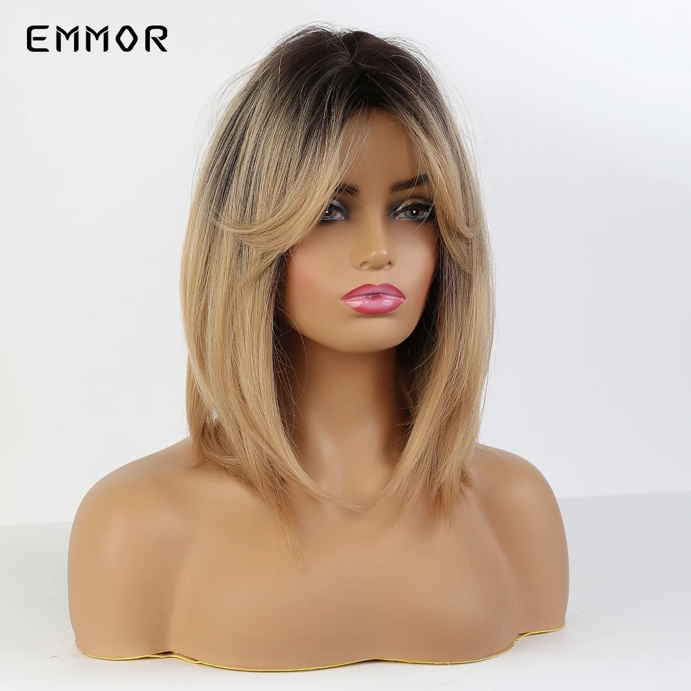 

EMMOR Shoulder Ombre Brown to Blonde Straight Hair Wigs with bangs Synthetic Wigs for Women Daily Heat Resistant Fibre