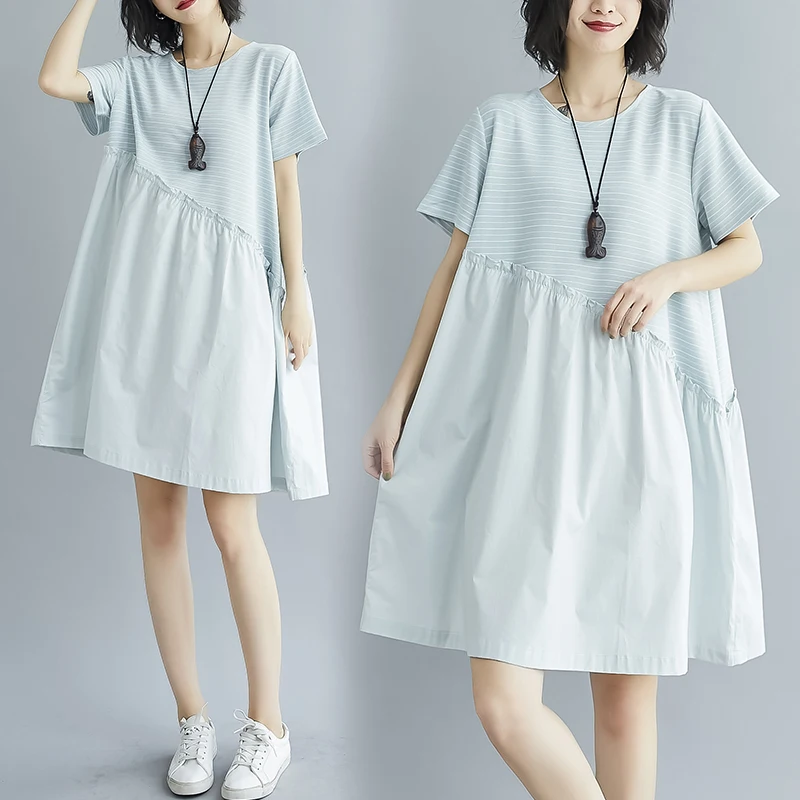 COIGARSAM Striped Women dress New Summer Patchwork Loose Dresses Black Light Blue Turmeric 1976 | Женская одежда