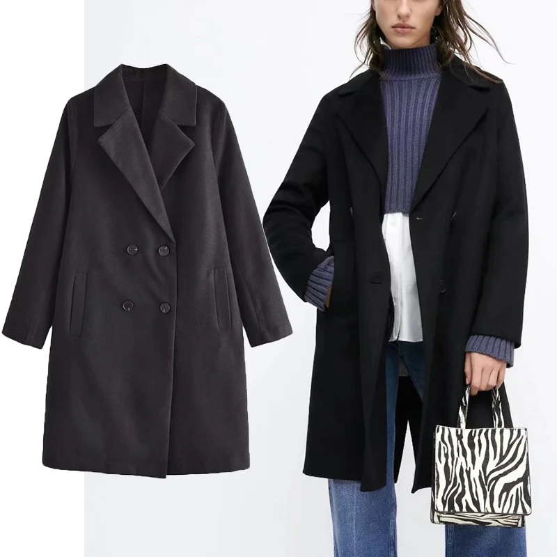 

ZA Women Autumn Winter Solid Long Woolen Coats 2021 Long Sleeve Warm Double Breasted Black OverCoat Vintage Notched Streetwear
