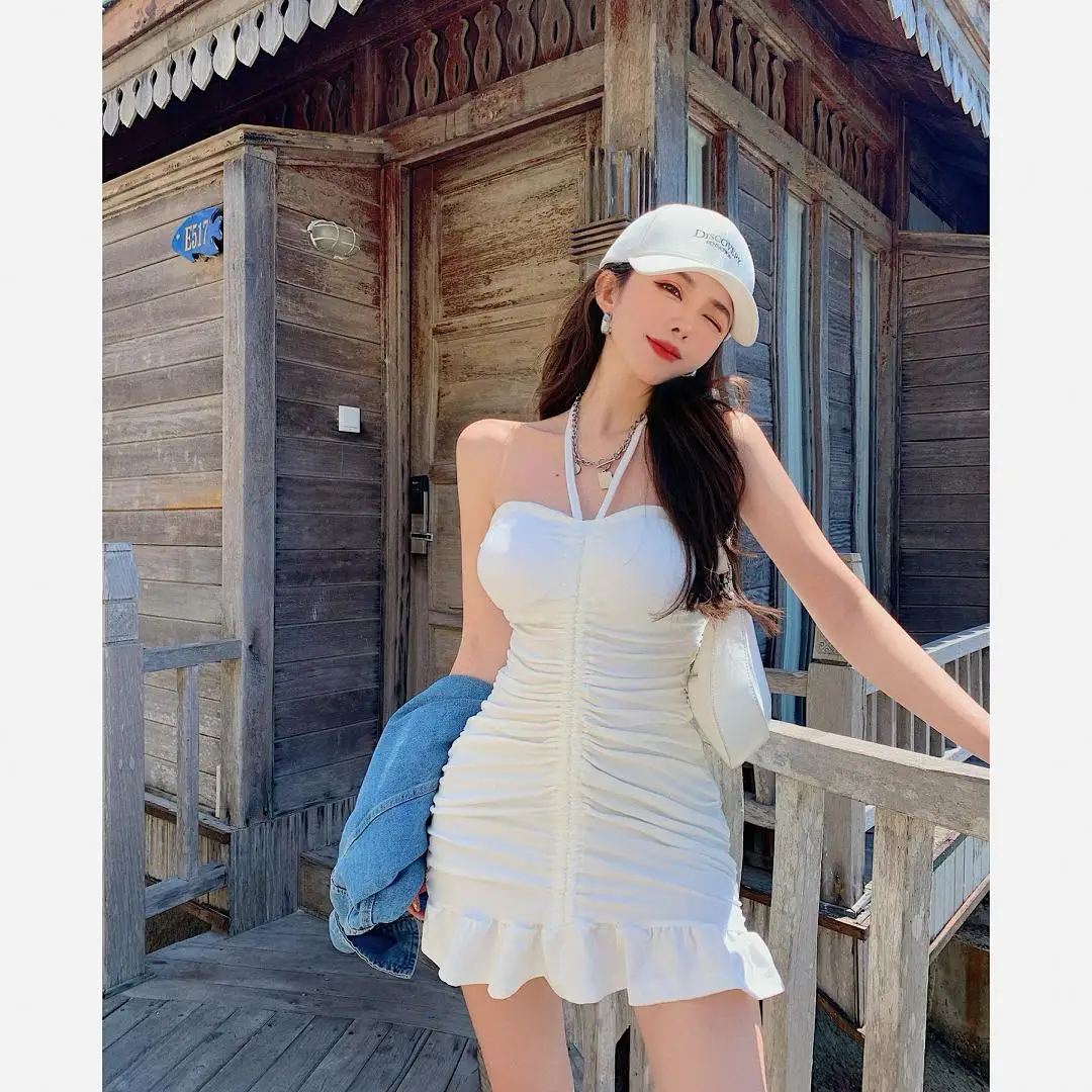 

White Sleeveless Mini Dress 2021 Summer New Sexy Breast Wrap Strapless Folds Ruffled Hem Elegant Tight Dress For Women