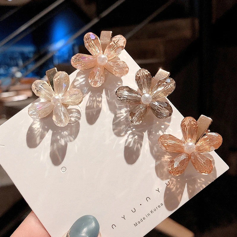 

1PC Korea Chic Pink Crystal Flower Hairpins For Women Imitation Pearl Hair Clips Fashion Acrylic Pearl Hairgrip Hair Accessories
