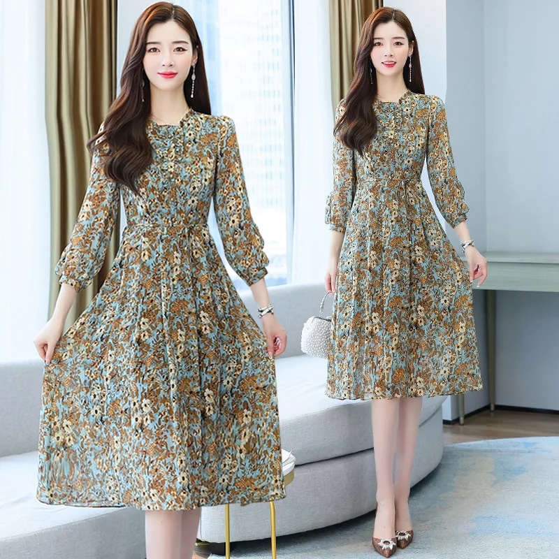 2021 Women's Autumn Chiffon Dress Floral Dress Women's Slim Dress Korean Fashion Elegant Temperament Women's Clothing