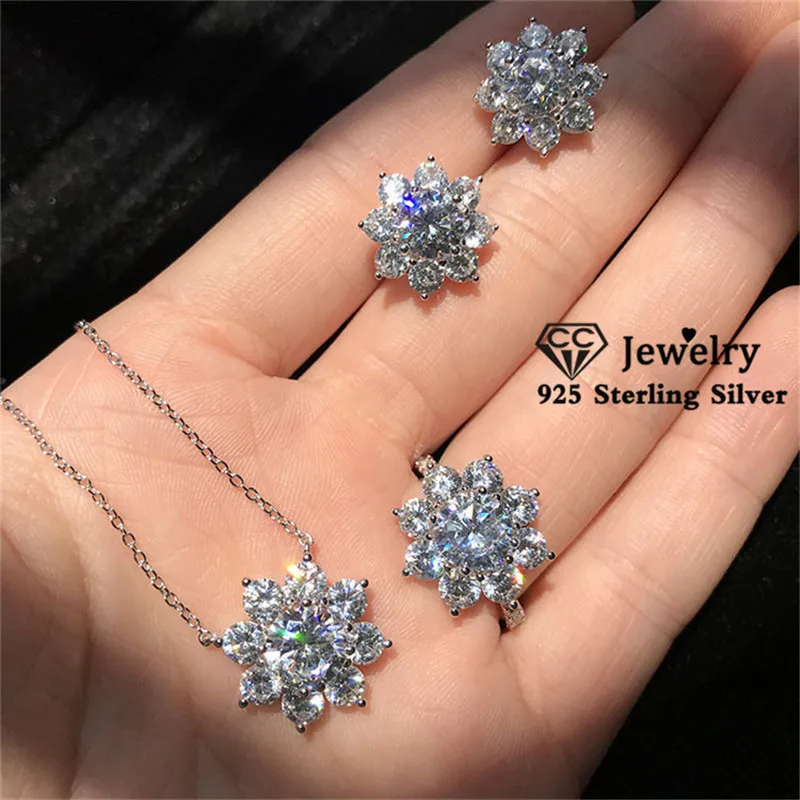 CC S925 Серебряные Ювелирные наборы для женщин кубический циркониевая Снежинка