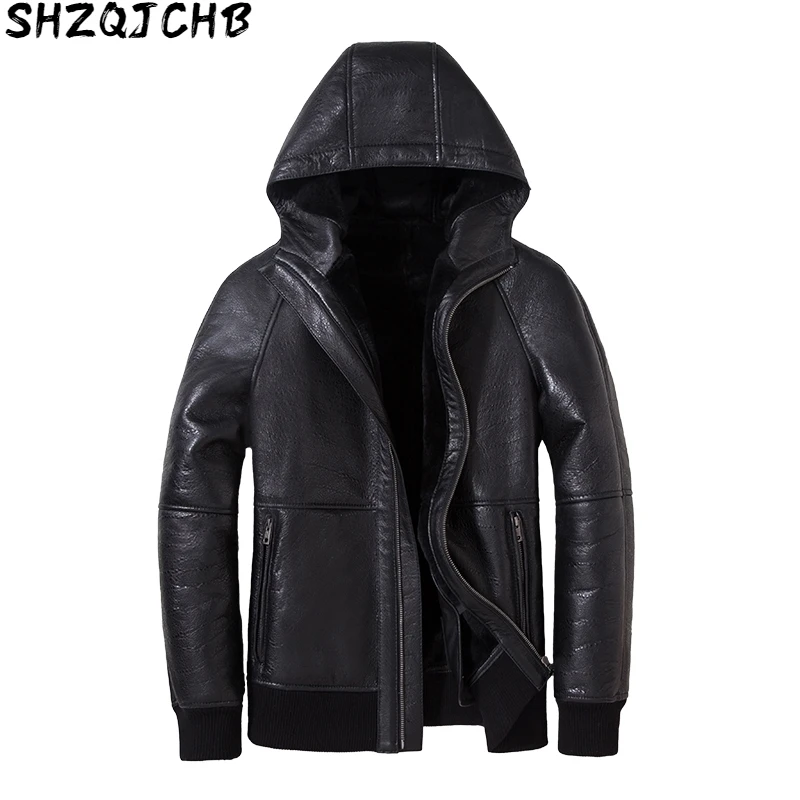 

JCHB 2021 Natural Real Fur Coat men Short Men's Jackets Real Sheepskin Leather Jacket Men Shearling Hooded Winter Chaqueta Homb
