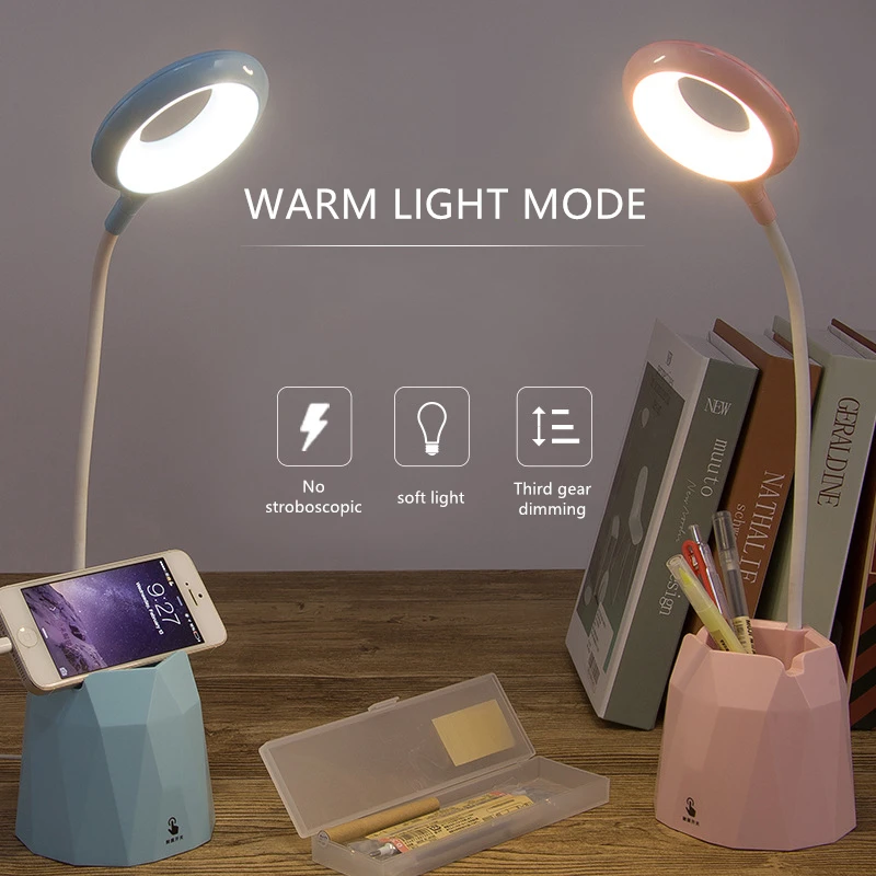 New 2000/4000mah LED Table Touch Desk Lamp Flexible Reading Ring Light Rechargeable for Children with Phone Hoder Pen Holder Pot | Лампы и