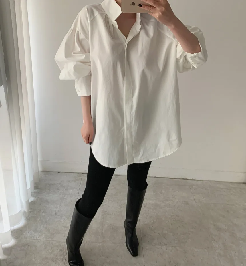

Harajuku Style 2021 Spring Women's Casual Loose Blouse Fashion Solid Stand Neck Elegant Puff Sleeve Oversize Tops Blouse Femme