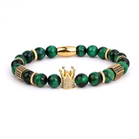 classic design cubic zirconia crown charm natural stone beads elastic bracelet men lady