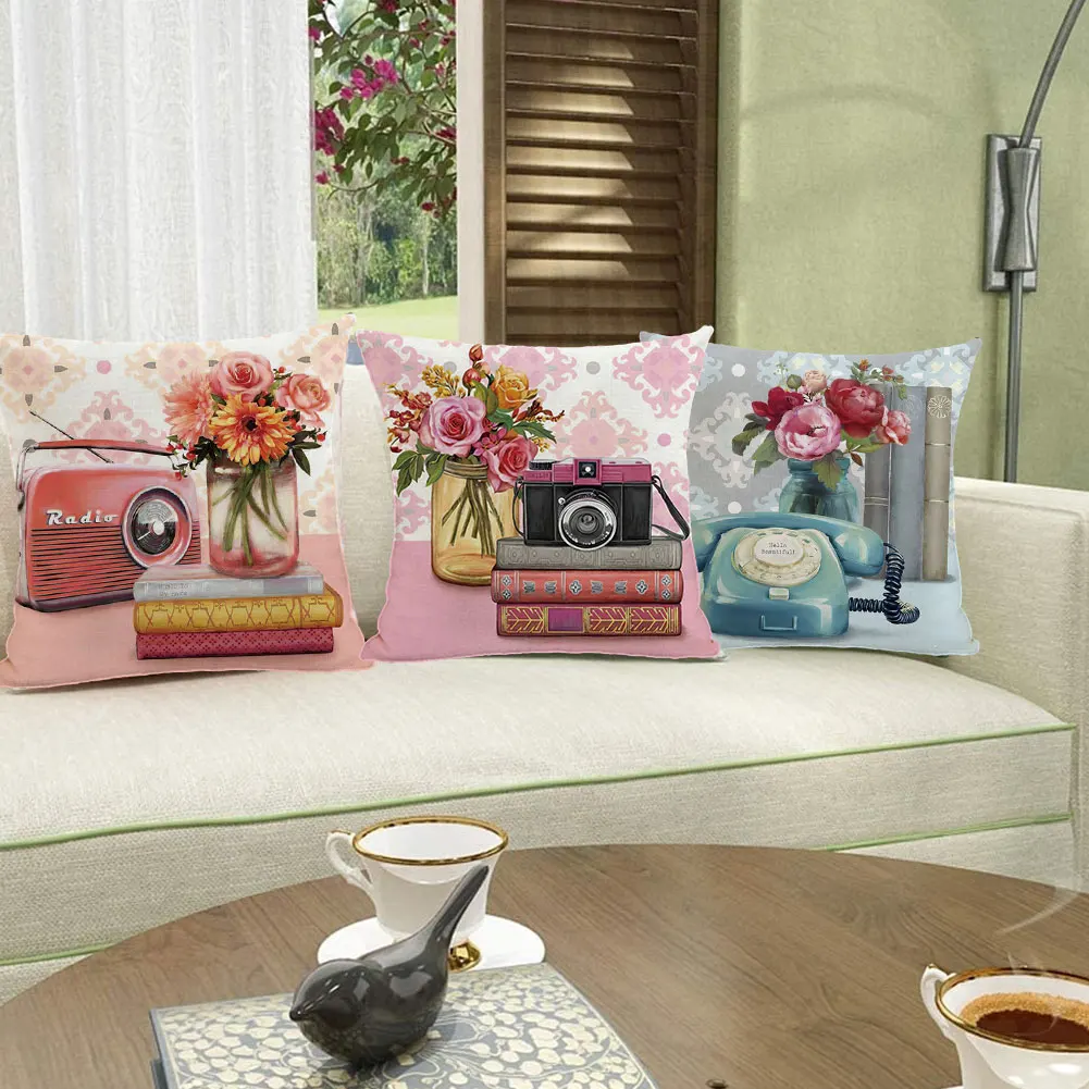 

4PCS Linen Pillowcase Cushion Cover Set Vintage Flower Print Sofa Cushion Home Decorative For Bedroom Sofa Chair 45x45CM