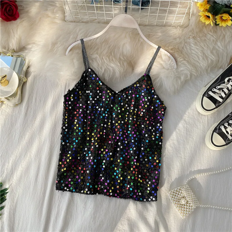 Design sparkling sequined camisole v-neck sexy sleeveless shirt women | Женская одежда