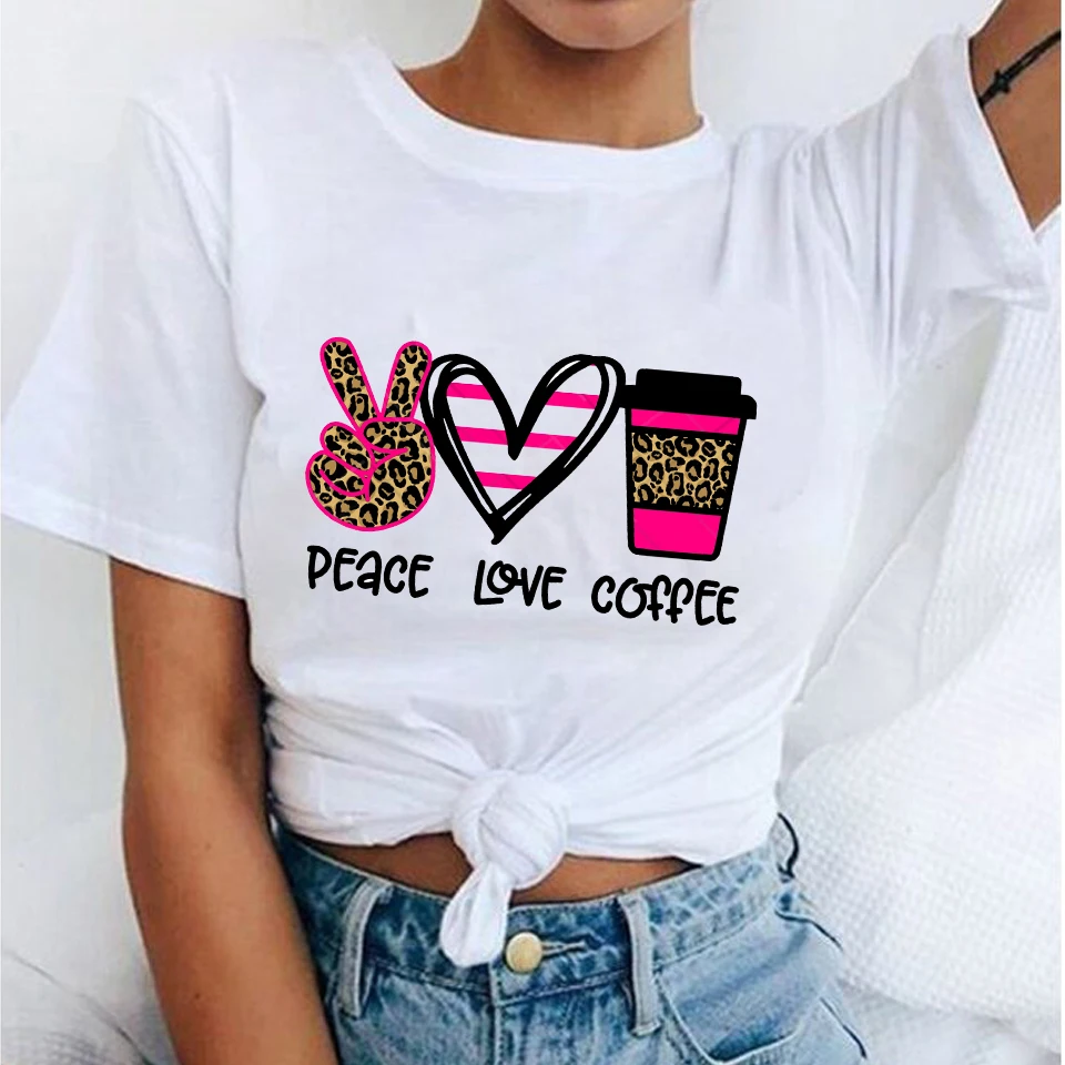 

Leopard Peace Love Coffee Printed Women T Shirt Casual Ladies Summer Tee Shirts Harajuku Aesthetics Female Tshirt Tops Camisetas