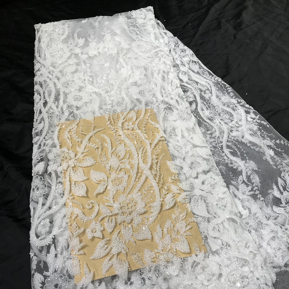 

Gold/Pure White Bridal Pearl Beaded Lace Wedding Fabric African Floral Sequence Glitter Tulle Mesh for Sewing Lady Evening Dress