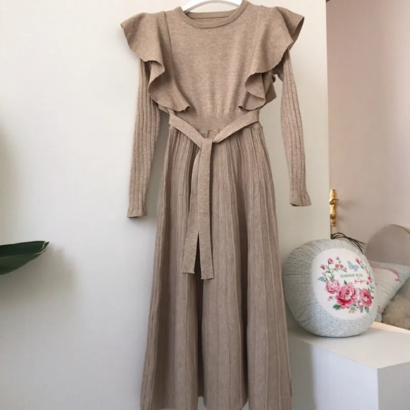

Donsignet Fashion New Sweater Dress Women Ruffles Slim Waist Long Sleeve A Line Pleated Dresses Spring Autumn Clothes Robe Mujer