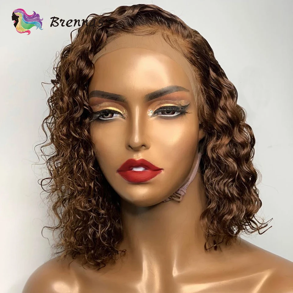 Кудрявые короткие парики боб на сетке T-часть Детские волосы коричневого цвета